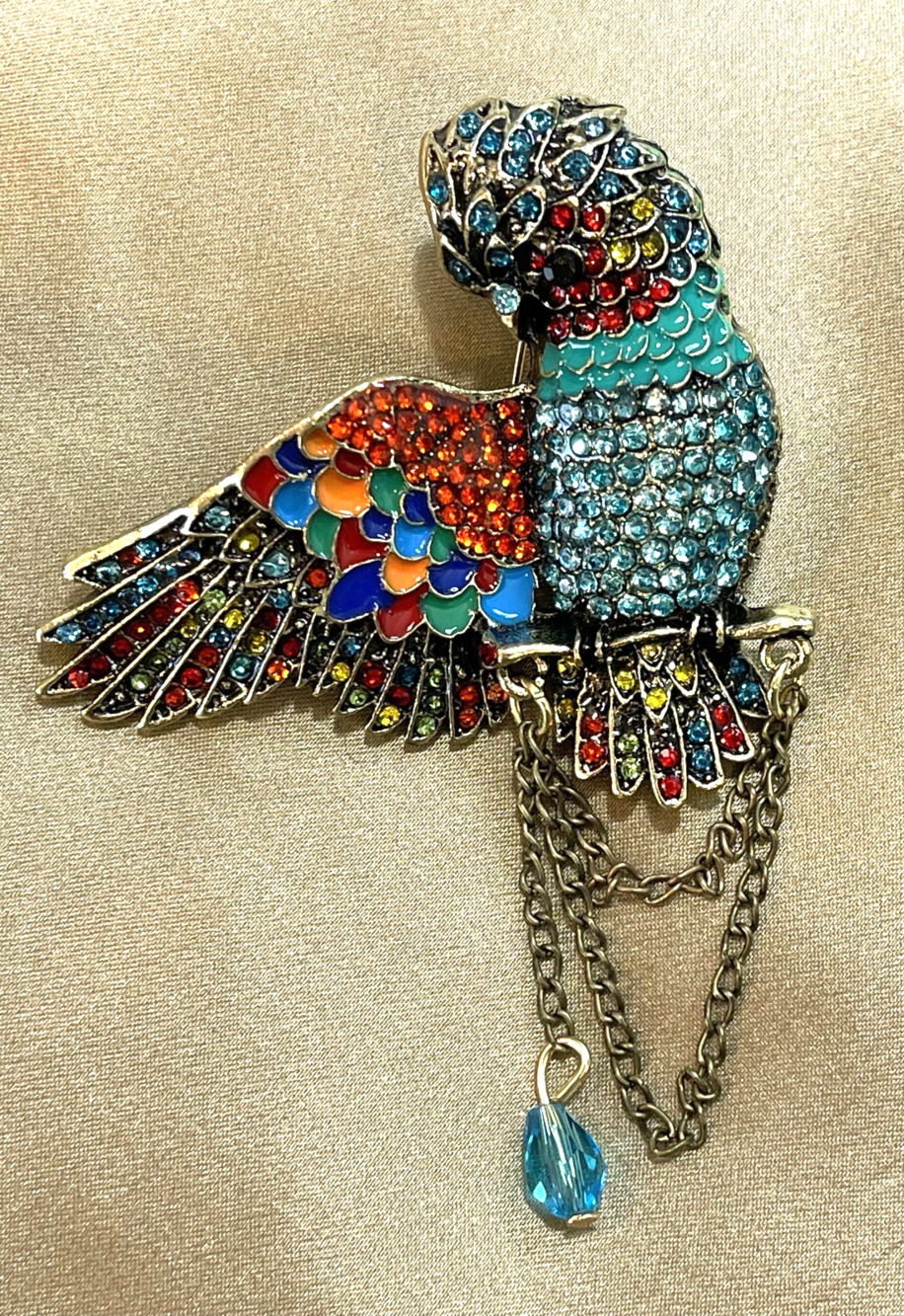 NWOT Parrot Bird Brooch Pin Multicolor Enamel Rhinestone Crystal Brass Plated